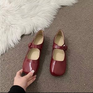 Flat Shoes Square Toe Mary Jane Leather Shoes  red size 8